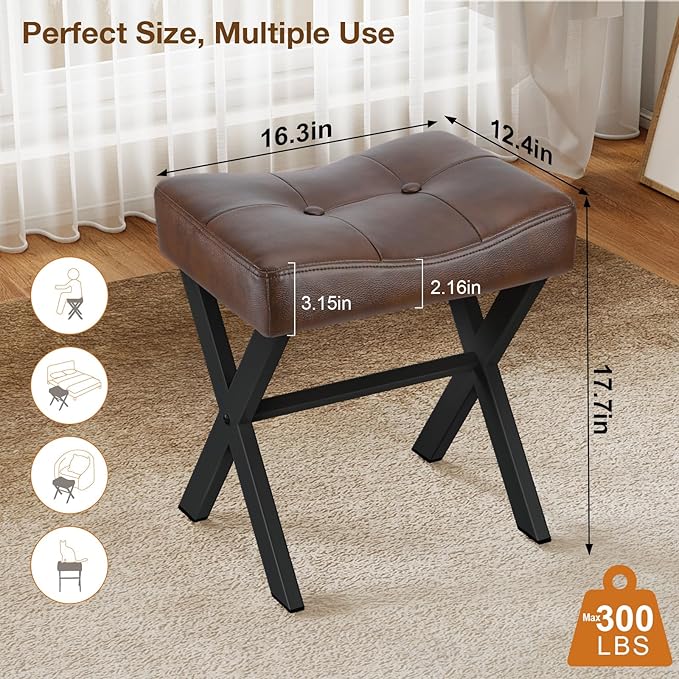 18-Inch Leather Vanity Stool Chair, Vanity Bench with Metal X-Leg, Ottoman Accent Stool with Thick Padded Saddle Seat, Dark Brown