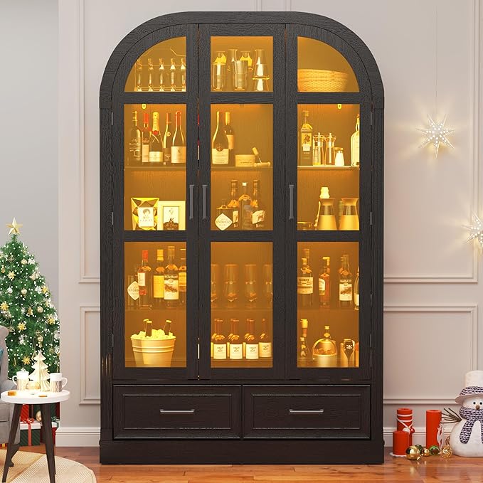 Arched Display Cabinet with 3 Glass Doors,5-Tier Curio Cabinet W/3 Color Lights for Collectibles,78'' Tall Curio Cabinet W/2 Drawers,Modern Display Case W/Human Body Sensor for Living/Game Room,Black