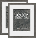 VCK 16x20 Picture Frame 2 Pack - Grey, High-End Wood Poster Frames with Tempered Glass, Display 11x14 Photo with Mat or 16x20 without Mat, Art Gallery-Quality, Wall Hanging, Grey