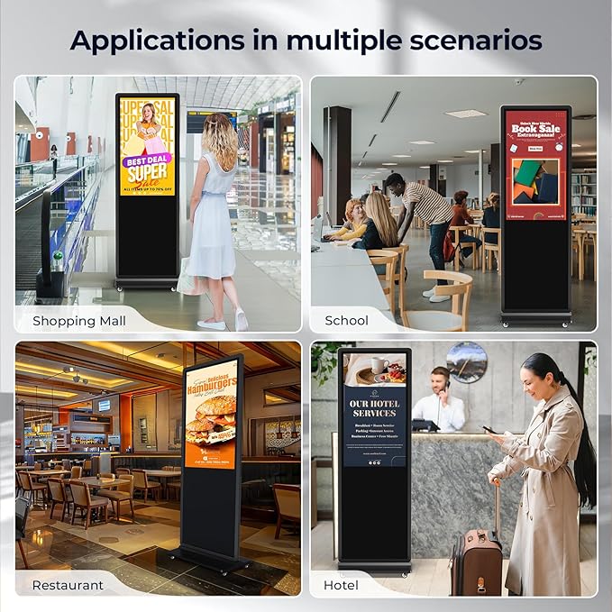 32/43/55/65 Inch Digital Signage Display, LCD Screen Advertising Display Kiosk Interactive Totem Floor Standing Auto AD Player with USB/HDMI/WiFi Android OS (65'' Touch Screen)