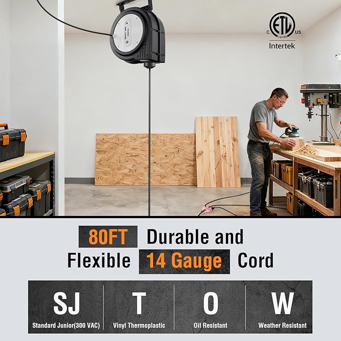 SURAIELEC 80 FT Retractable Extension Cord Reel, 14 AWG SJTOW Power Cord for Garage & Workshop, 10A Circuit Breaker, Wall/Ceiling Mount, Upgraded Anti-Tangle Roller Design, ETL Listed, Grey