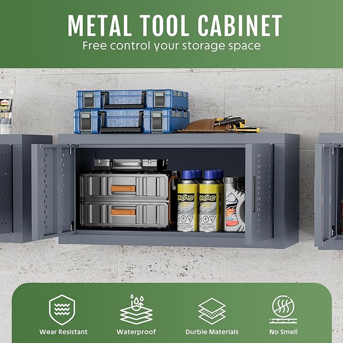 Small Wall Cabinet, Metal Garage Wall Mounted Storage Cabinets, Floating Garage Tool Cabinet with 2 Doors, Heavy-Duty Tool Organizer, Utility Wall Cabinet for Warehouse, Basement, Kitchen