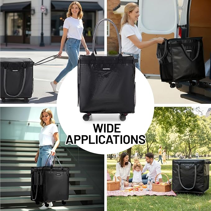 (Medium) Fanwoli Reusable Grocery Bag On Wheels with Removable Liner | Wrinkle-Resistant Fabric | Enhanced Stability Wheels & Extended Handle | Foldable Shopping Trolley for Laundry, Carries Up to 66L