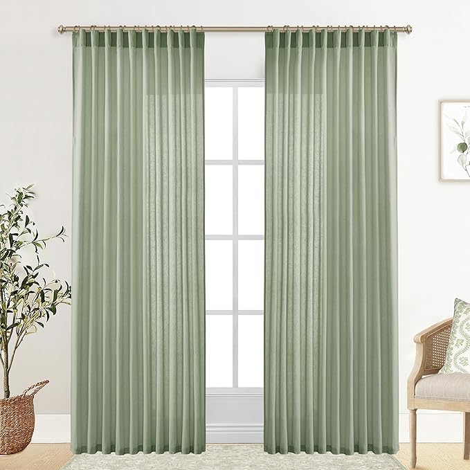 XTMYI Country Curtains for Living Room,Sheer Linen Curtains for Bedroom 90 Inches Long,70 Inches Wide Sage Green