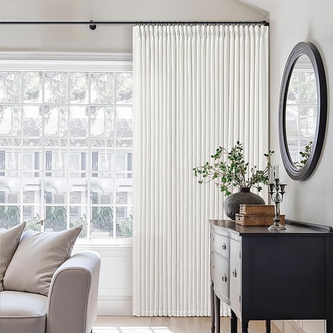 Beige White Pinch Pleated Linen Curtains 2 Panels 105 Inches Long for Living Room Bedroom Memory Shaped Semi Sheer Pleat Drapes with Hooks Rings Light Filtering Window Curtain 40x105
