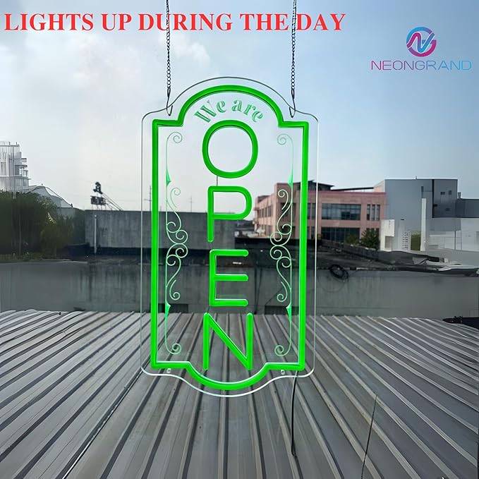 Vertical open sign Vertical Open Led Sign Neon Sign business window light vertical open signs for business (Green LARGE SIZE 30x16")