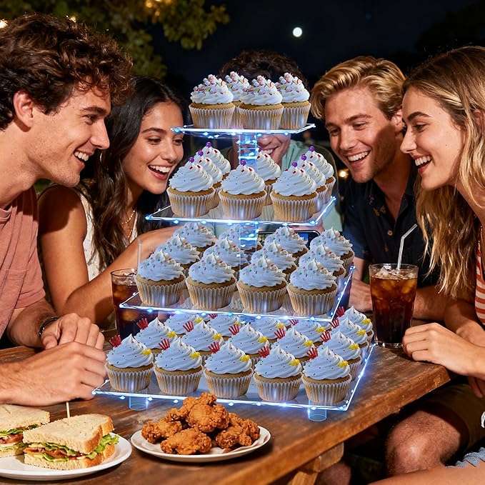 YestBuy 4 Tier Acrylic Cupcake Stand Afternoon Tea Cake Stand Large Cupcake Stand Cupcake Tower Cupcake Holder for Pastry + LED Light String Ideal for Weddings Birthday Bar Party Décor (Blue Light)