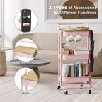 DTK 3-Tier Metal Utility Rolling Cart with Table Top and Side Bags, Art Craft Cart with 4 Hooks for Kitchen, Bathroom, Office, Living Room (Pink)