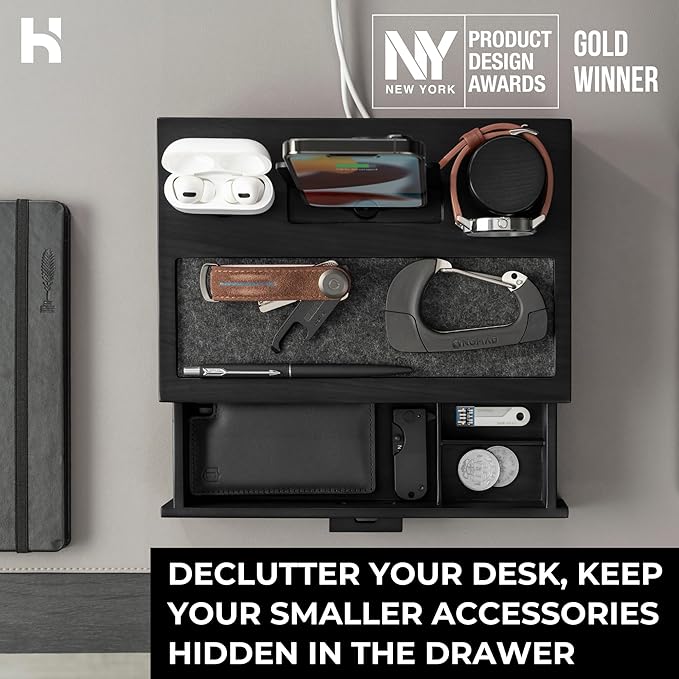 Holme & Hadfield Premium Wooden Phone Docking Station with Drawer – Nightstand Organizer for Charging Phone & Earbuds – Declutter Your Space with Felt-Lined Protection & Watch Pillar – Gift For Men