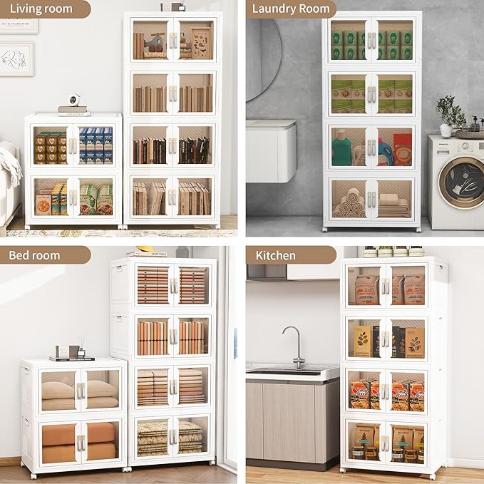 Large Clear Stackable Storage Bins with Lids, 628QT-157QT*4Tier Foldable Cabinet for Closet Organizers, Plastic Storage Box with Wheels White