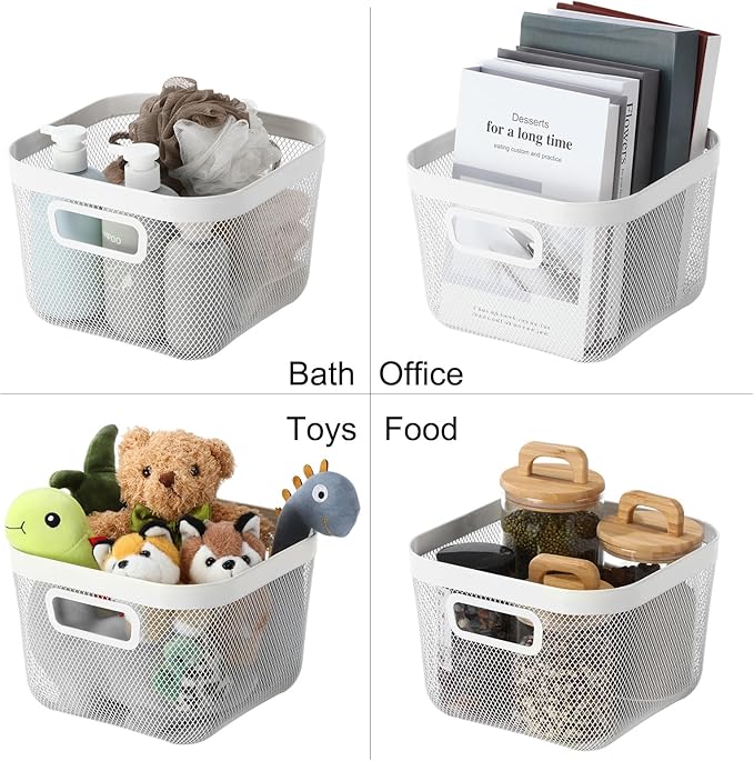 1 Pack Metal Mesh Basket with Hollow Handles White Wire Storage Bin for Organizing Stackable Metal Fine Mesh Basket for Pantry Bathroom Kitchen Cabinets Shelves (Medium)