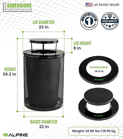 Alpine Outdoor Trash Can 36 Gallon Diamond Steel Commercial Metal Waste Bin with Leak Proof Liner, Heavy Duty Steel Mesh Design, Rain Bonnet Lid & Flat Lid for Parks, Streets, and Public Spaces-Black