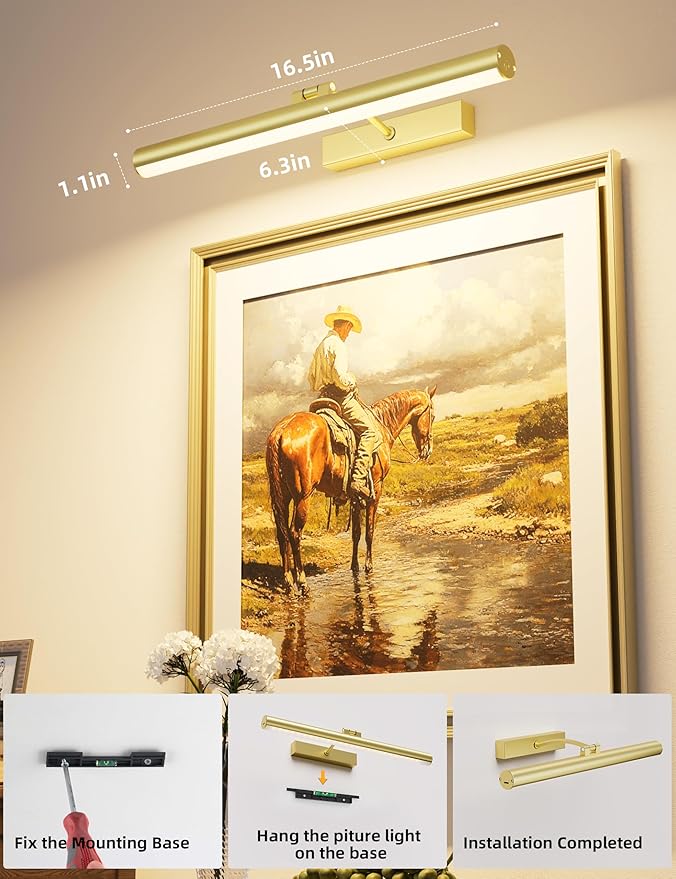 VOLISUN 16 inch Picture Lights for Wall, Rechargable Picture Light Battery Operated, 3 Color Temperatures Cordless Picture Light with Remote, Art Light for Paintings, Gallery, Portrait, 1 Pack (Gold)