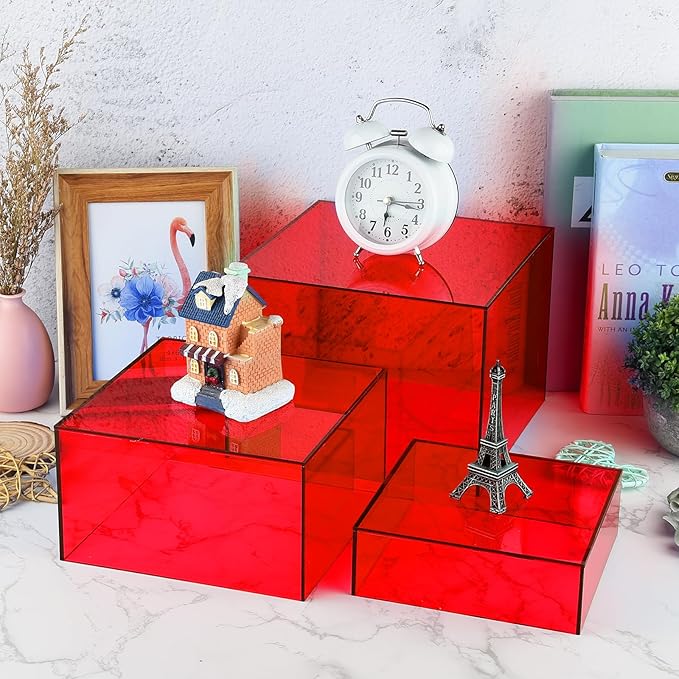 3Pcs Red Buffet Risers Acrylic Boxes Display Food Risers for Buffet Table Platter Parties Weddings Catering Dessert Collectibles Figures Show (6''x7''x8'')