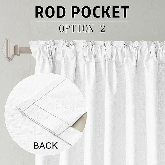 DUALIFE Blackout 96 Inches Long Pure White Curtains 2 Panel Set, Farmhouse Curtains for Living Room Darkening Thermal/Noise Reduction Textured Flax Linen Drape 8ft Rod Pocket&Back Tab 72W x 96L