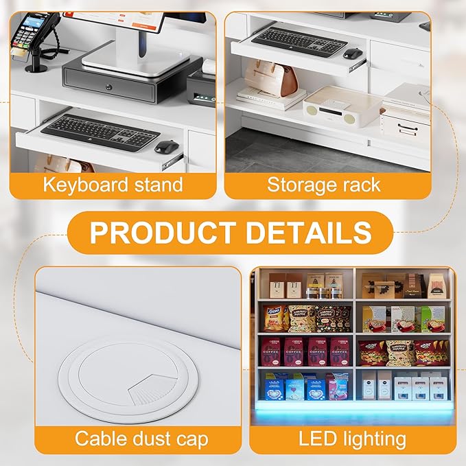 PAKASEPT Reception Desk with Counter for Retail & Checkout,Modern Front Reception Counter with LED Lights,Drawers & Open Shelves,Retail Counter with Storage for Countertop,Beauty Salon,Shop,Bar,White