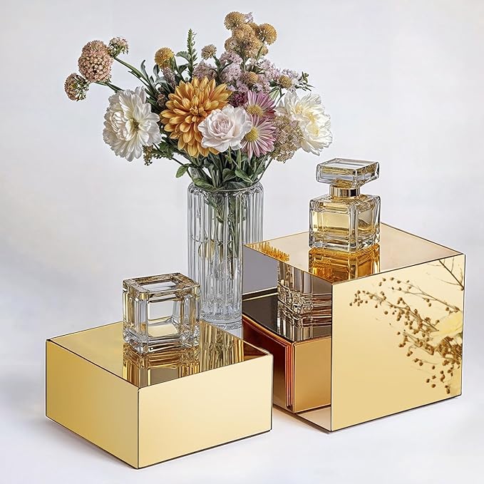 Gold Acrylic Mirrored Risers Display Stands, 4Pcs Food Risers for Buffet Table Gold, Acrylic Cube Display Stands Box Risers for Catering Dessert Perfume Collection Jewelry Party Centerpieces(Size 5",6",7",8")