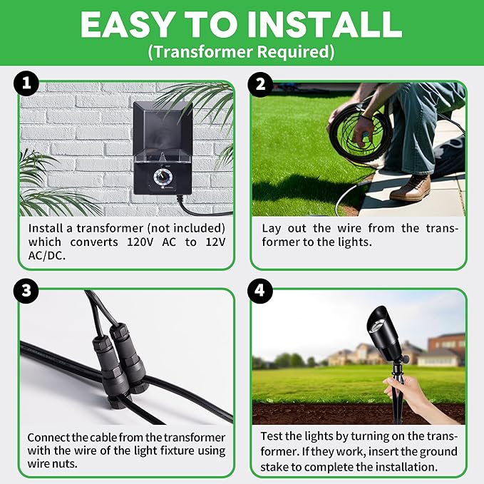 Black Outdoor LED Landscape Lights Kit, with 12 Pack 12V Low Voltage Spotlight and 250FT Cable and 40 Wire Connectors, Waterproof Aluminum Spotlights for Home Patio, Without Transformer