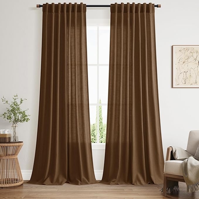 Tobacco Brown Linen Curtains 96 Inches Long for Living Room Rod Back Tab Vintage Rustic Farmhouse Cotton Textured Light Filtering Curtain 96 Inch Length for Dinning Room Bedroom 52x96