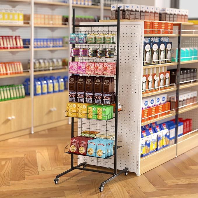 Retail Candy Display Rack, 70in Large Retail Display Shelf, Snack Rack Display Stand with Wheels and 50 Hooks, Removable Store Display Shelving Organizer Supermarket, Home, Kitchen
