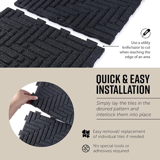 Playsafer Herringbone Rubber Interlocking Tiles | 16 X 16 | Easy Install for Indoor and Outdoor Use (Dark Gray, 20 Tiles)