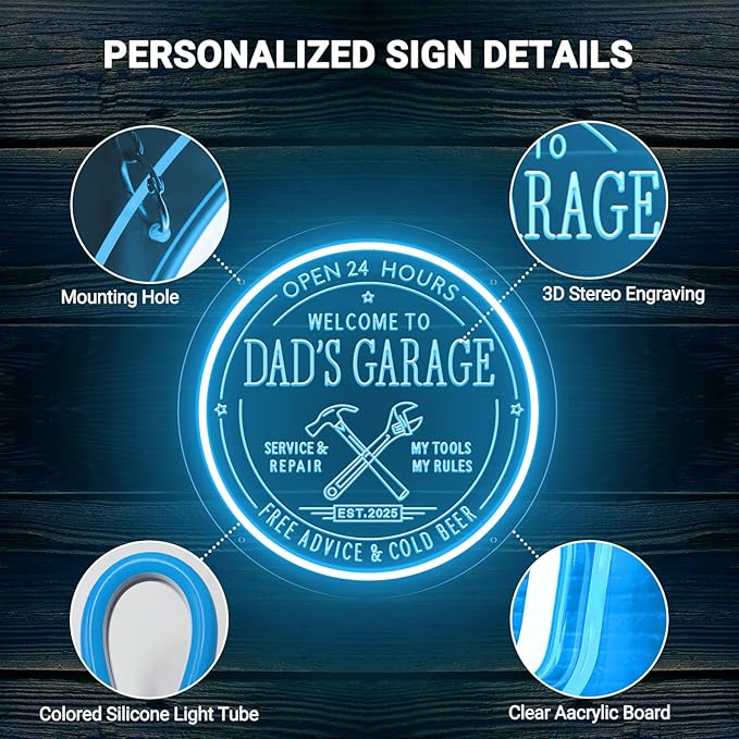 Custom Garage Neon Sign for Wall Decor, Personalized LED Neon Lights Tool Signs for Garage Workshop, Customized Garage Light Up Signs for Carport Repair Shop Carbarn Man Cave Business, Men Dad Gifts