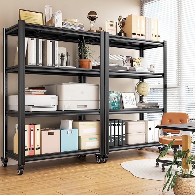 REIBII 4 Tier Storage Shelves with Wheels, 530LBS Adjustable Pantry Shelves,Metal Shelving Unit for Garage, Pantry, Kitchen, Living Room, Warehouse, Basement, 59.8" H x 31.5" W x 16.5" D, Black