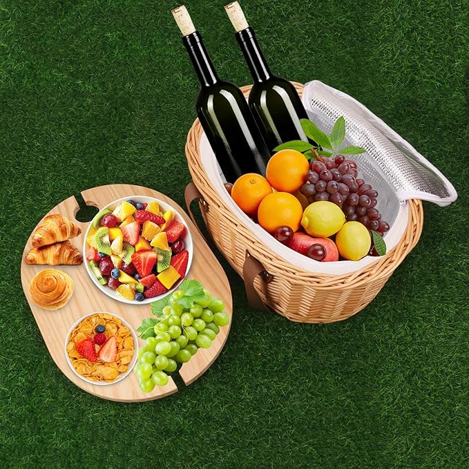 Wicker Picnic Basket Set for 2 Person with Mini Folding Table and Insulated Cooler Bag, Picnic Basket with Woven Handle Design & Tableware Accessories, Woven Oval Picnic Basket for Outdoor