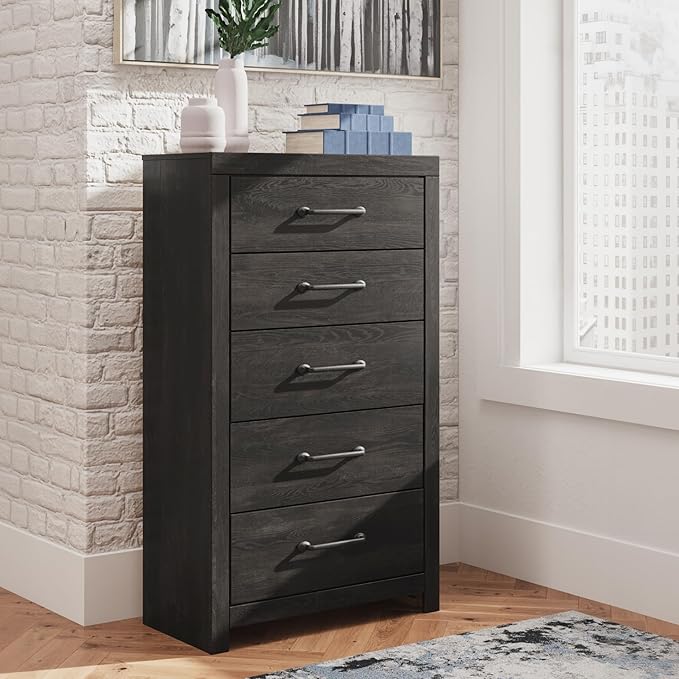 Signature Design by Ashley Delmorta Rustic 5-Drawer Chest of Drawers with Safety Stop, Gray