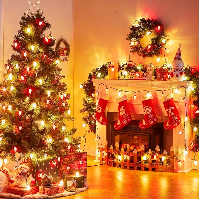 Brightown C9 Christmas String Lights, Red and Warm White Commercia Outdoor Christmas Lights with 150 Strawberry C9 LED Bulbs, Waterproof Extendable UL Certified for Party Holiday Indoor Xmas Decor