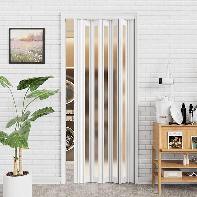 24"-36" x 80 Accordion Doors Interior Folding Door, PVC Accordion Door with 1 Frosted Acrylic Glass with Upgraded Roller & Handle & Complete Hardware, for Closet Bathroom Doorways, White