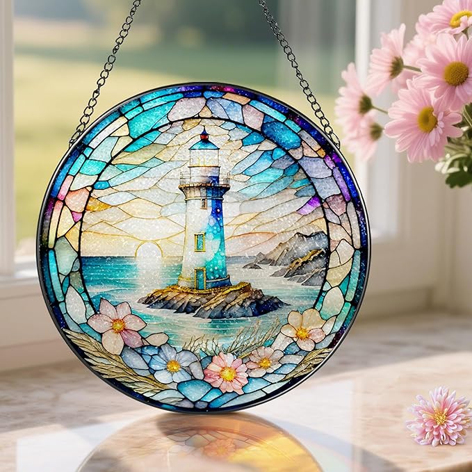 Stained Glass Window Hanging, Pauyadu Lighthouse Sun Catchers, Stained Glass Suncatcher, Lighthouse Decor Gifts for Women, Men, Lovers, Friend, Family and Partners- 8 Inch