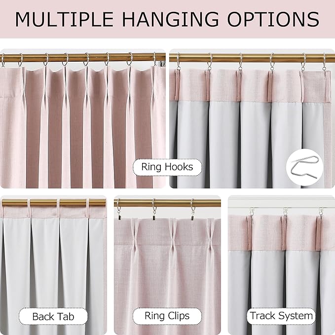 Vision Home Soft Pink Pinch Pleated Full Blackout Curtains Linen Blended Room Darkening Curtain Panels 102 inch for Living Room Bedroom Thermal Insulated Pinch Pleat Drapes with Hooks 40" Wx102 Lx2