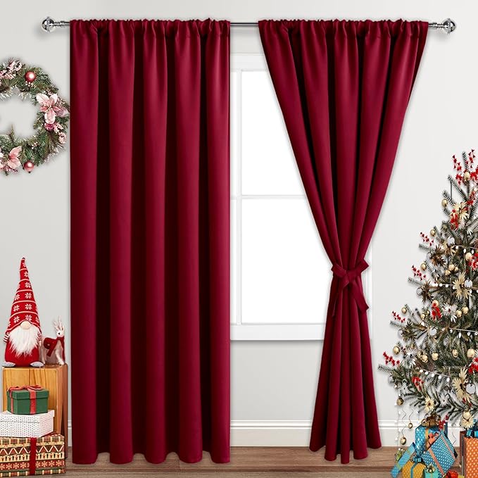 JIUZHEN Christmas Blackout Curtains for Bedroom - Thermal Insulated Room Darkening Noise Reducing, 70 x 84 Inch Length Curtains for Living Room, Set of 2 Panels with Tiebacks, Red