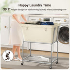 ELYKEN Laundry Cart with Wheels, Rolling Laundry Hamper with Removable Bag and Shelf, Metal Frame Laundry Basket with 4 Casters and 2 Brakes, Ideal for Bedroom, Bathroom, Laundry Room, Cream