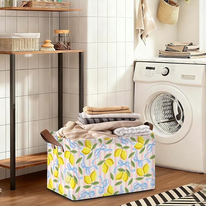 32L Large Storage Bins with Handles, Watercolor Fruit Basket Organizer for Shelves, Closet, Books, Laundry & Home Decor (Lemons)