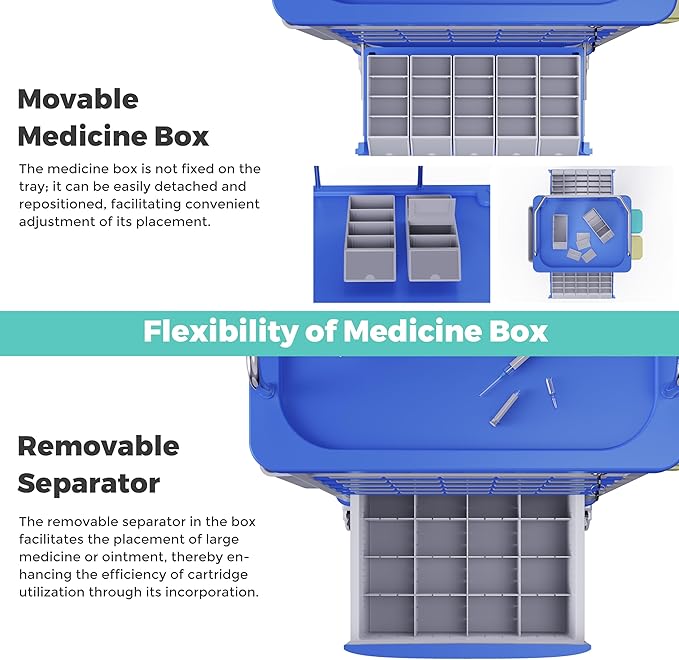 Medication Bins Cart with 200 Bins, 10 Drawers, Hidden Sub Workbench - Dual-Sided Open, 50 Medicine Boxes, Silent Casters, Container, 2 Trash Bin-Medical Crash Cart for Clinic, Hospital and Lab