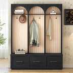 Merax Farmhouse Wood Hall Tree with 8 Hooks and Shoe Bench, Mudroom Versatile Coat Racks with 3 Drawers, Entrance Organizer for Hallway Black