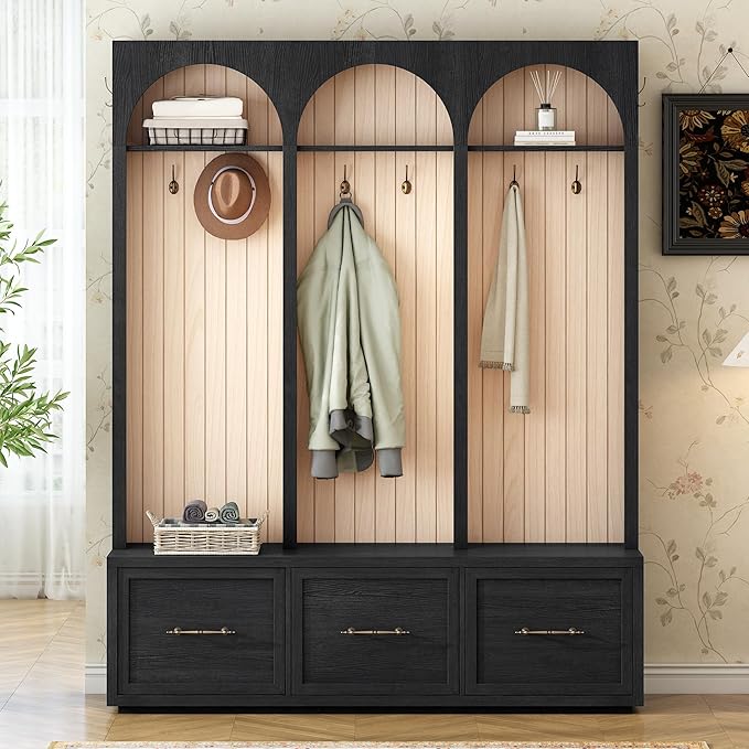 Merax Farmhouse Wood Hall Tree with 8 Hooks and Shoe Bench, Mudroom Versatile Coat Racks with 3 Drawers, Entrance Organizer for Hallway Black