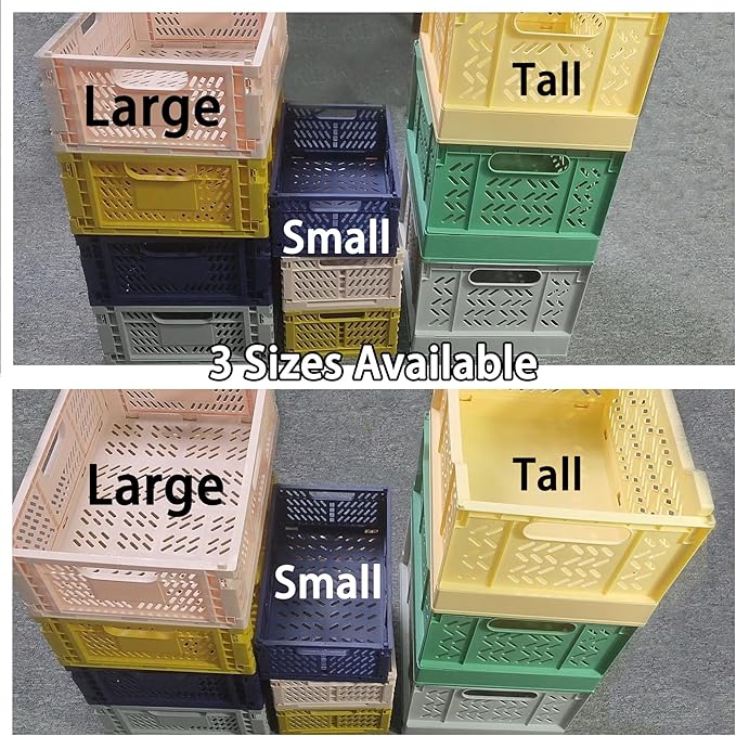 Domiella 2-Pack Crates for Storage, Storage Crates Plastic Stackable, Foldable Crate for Office Home Kitchen Bedroom Bathroom (Small, Blue)