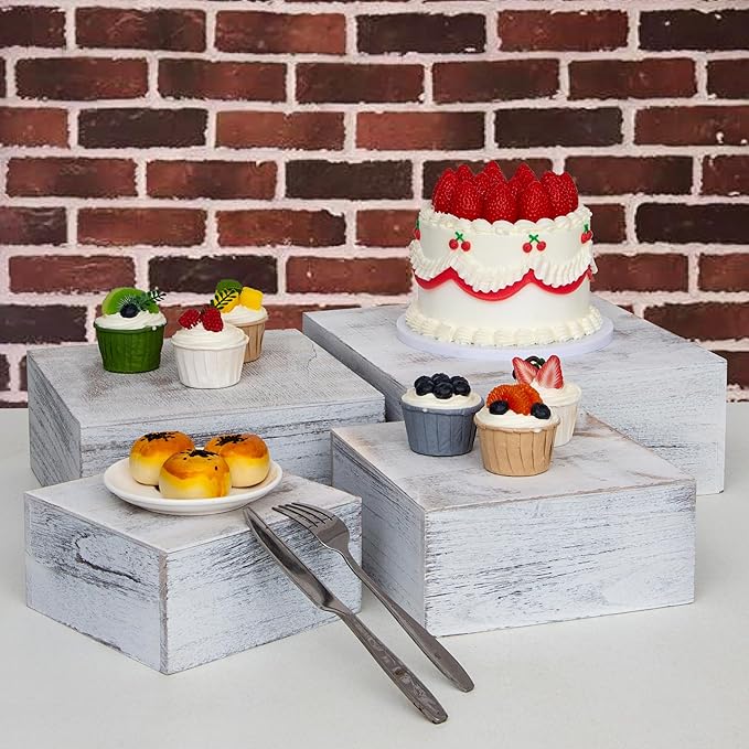 4 Pieces Wooden Cake Stands,Antique White Cupcake Stands for Display,12 inches Square Wooden crates,Wood Display risers for Wedding,Birthday Party,Christmas,etc. (Antique White)