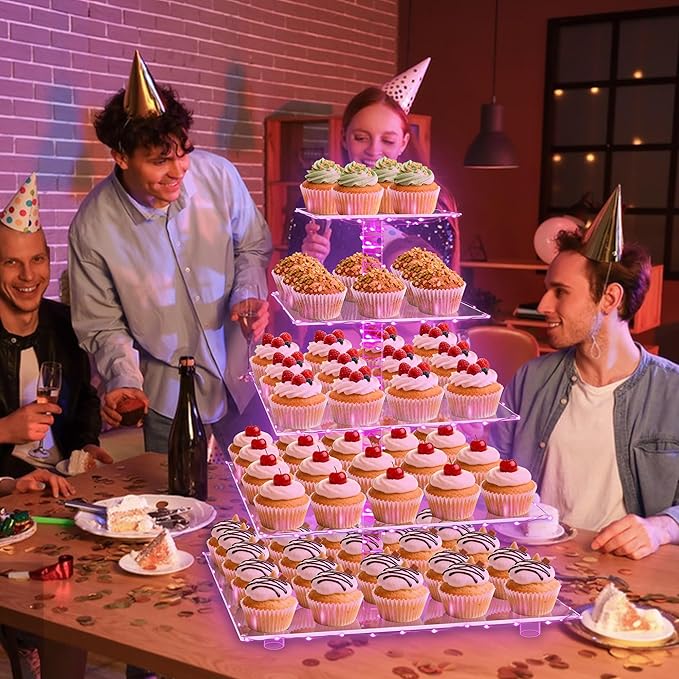 YestBuy Cupcake Stand with Pink Lights – 5 Tier Premium Cupcake Holder – Acrylic Cupcake Tower Display Stand – Cady Bar Party Décor –Acrylic Display for Pastry + LED Light String – Ideal for Weddings, Birthday (Pink)