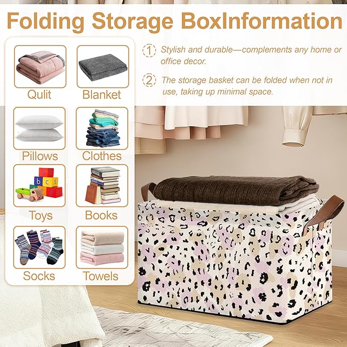 32L Large Storage Bins with Handles, Basket Organizer for Shelves, Closet, Books, Laundry & Home Decor (Pink Leopard Print)