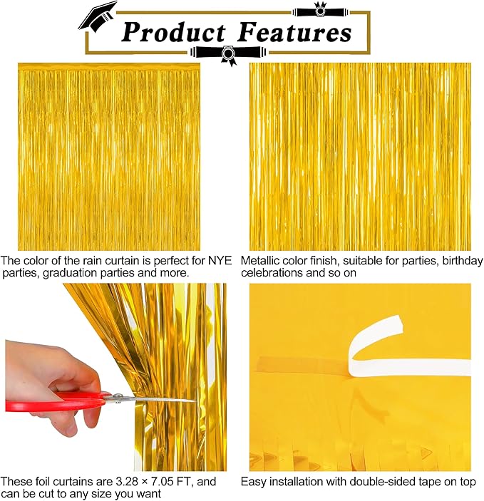 4 Pack 2025 Graduation Party Decorations, 3.28 x 7.05 Feet Gold Grad Curtains, Metallic Gold Backdrop Curtain Class of 2025 Backdrop Party Streamer, Congrad Backdrop Grad Decor 2025
