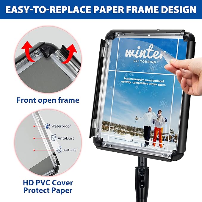 8.5x11 Inch Adjustable Pedestal Poster Sign Stand, Heavy Duty Floor Standing Sign Holder Stand Aluminum Snap Open Frame for Vertical and Horizontal View Sign Displayed (Black, Round)
