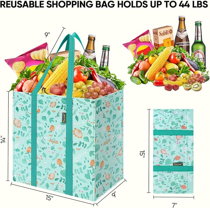 BALEINE 4 PK Grocery Bags Reusable Shopping Bags with Reinforced Bottom, Heavy Duty Foldable Tote Bags (Spring Stroll)