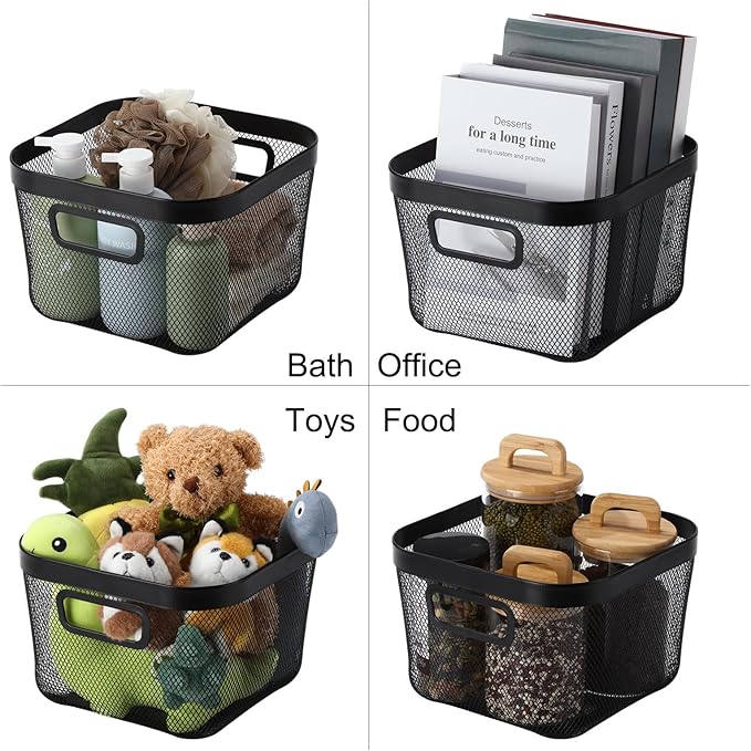 4 Pack Metal Mesh Basket with Hollow Handles Black Wire Storage Bin for Organizing Stackable Metal Fine Mesh Basket for Pantry Bathroom Kitchen Cabinets Shelves (Medium)