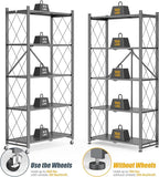 5-Tier Folding Metal Storage Shelf with Wheels, Heavy Duty Organizer Rack Holds 750 lbs, No Assembly Utility Shelving for Kitchen, Garage, Pantry, Living Room, Office (New Upgrade - Gray, 5 Tier)