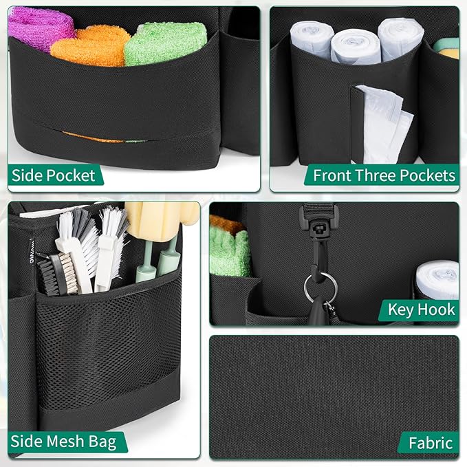 Wearable Cleaning Caddy Bag for Cleaning Supplies, Large Capacity Cleaning Organizer Tote Bag Simple Kitchen Cleaning Supplies Storage Bag for Cleaners Housekeepers (Black)