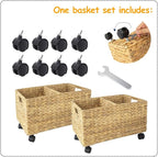 PEMAR Rolling Wicker Storage Basket Set of 2 – Natural Water Hyacinth & Seagrass Bins on Wheels with Removable Divider & Insert Handles – Nesting Design for Under Desk, Home & Office Organization